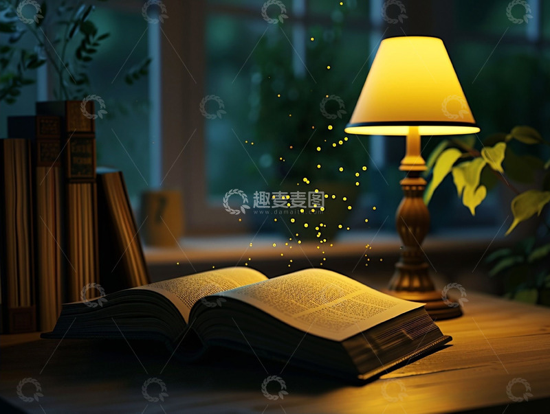 高清大图下载【趣麦麦图】夜晚静谧台灯下的书籍摄影