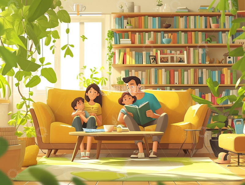高清大图下载【趣麦麦图】温馨一家人看书手绘背景