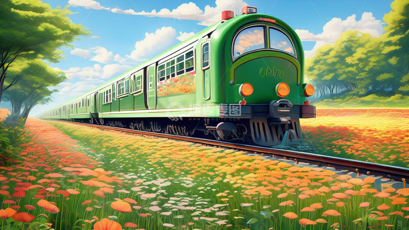 高清大图下载【趣麦麦图】开往花海的旅游列车