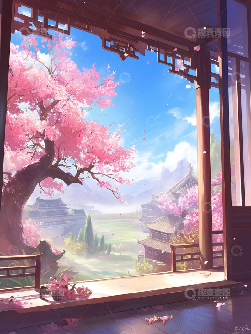 高清大图下载【趣麦麦图】古风建筑桃树