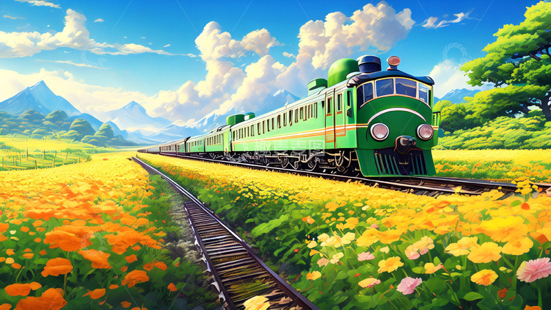 高清大图下载【趣麦麦图】开往春天的列车插画