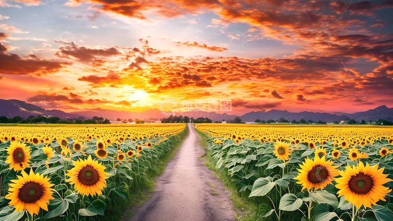 高清大图下载【趣麦麦图】夕阳向日葵美景插画