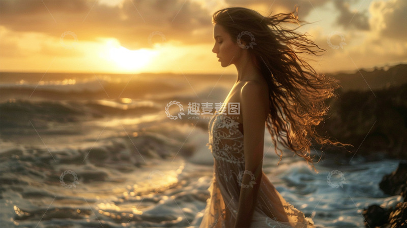 高清大图下载【趣麦麦图】海边美女日出海浪风景场景