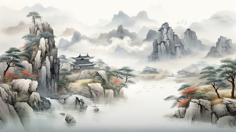 高清大图下载【趣麦麦图】中国风山水建筑水墨工笔插画场景