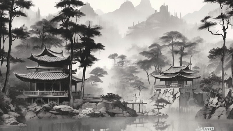 高清大图下载【趣麦麦图】中国风水墨黑白山水建筑植物场景
