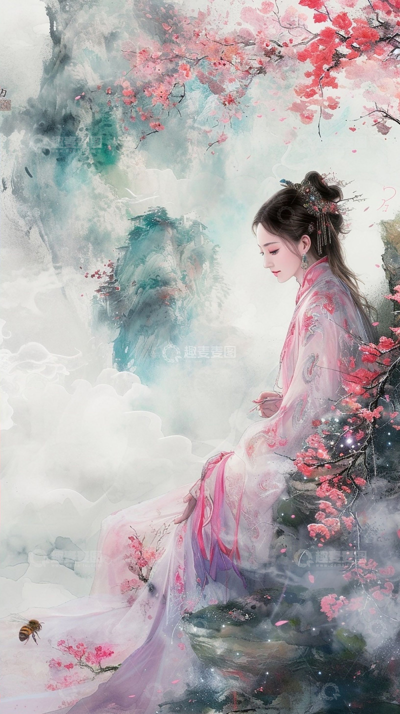 高清大图下载【趣麦麦图】古风古人桃花树