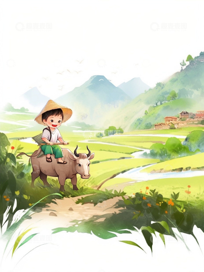 高清大图下载【趣麦麦图】清明时节放牛的小孩