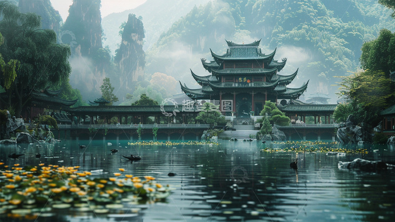 高清大图下载【趣麦麦图】中国风建筑山水祥云场景