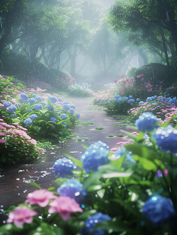 清晨路边绣球花丛