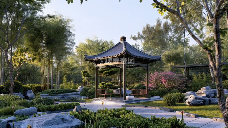 高清大图下载【趣麦麦图】春天中式建筑凉亭植物