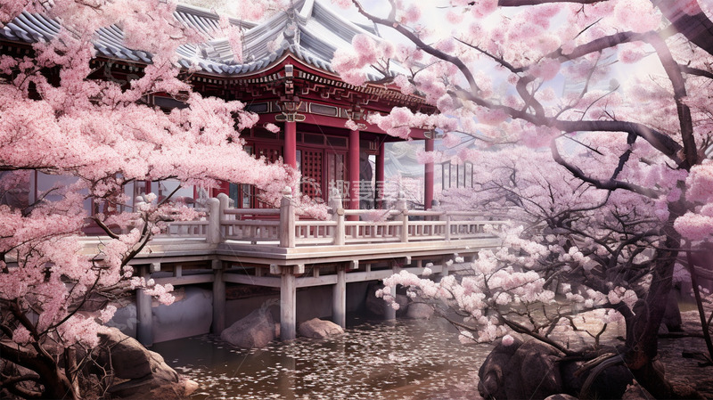 高清大图下载【趣麦麦图】中国风中式建筑粉色唯美场景