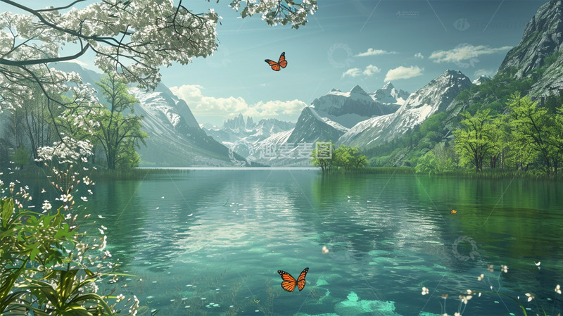 高清大图下载【趣麦麦图】春天山水湖水蝴蝶植物雪山场景