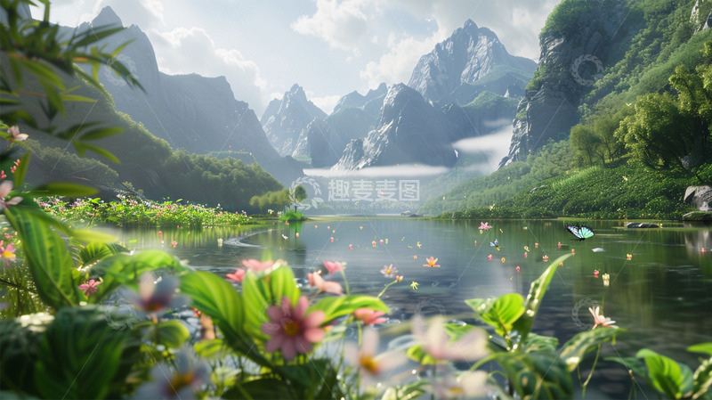 高清大图下载【趣麦麦图】春天植物山水蝴蝶鲜花唯美场景