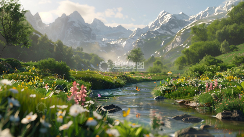 春天唯美场景山水小溪蝴蝶鲜花