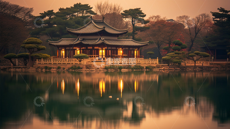 高清大图下载【趣麦麦图】中国风建筑中式植物湖水唯美