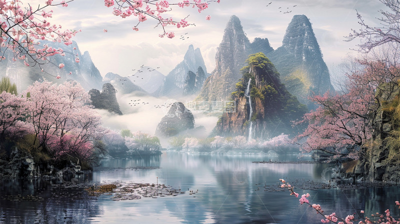 高清大图下载【趣麦麦图】春天瀑布山水植物唯美场景