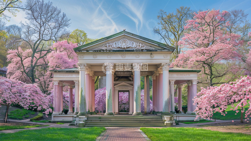 高清大图下载【趣麦麦图】-建筑凉亭粉色唯美清新自然场景