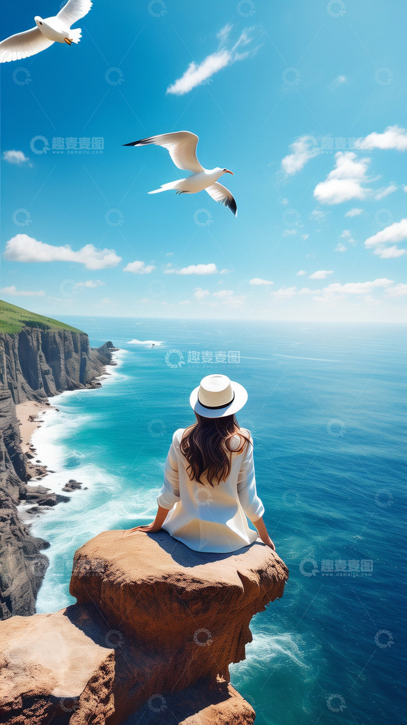 高清大图下载【趣麦麦图】旅游大海美女海鸥