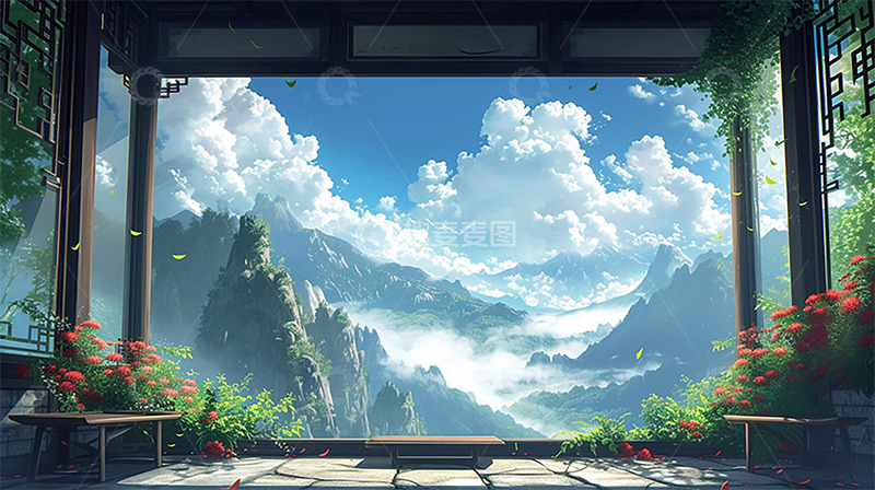 山顶建筑窗外云雾山海