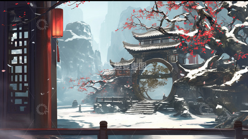 高清大图下载【趣麦麦图】古风建筑雪景梅花