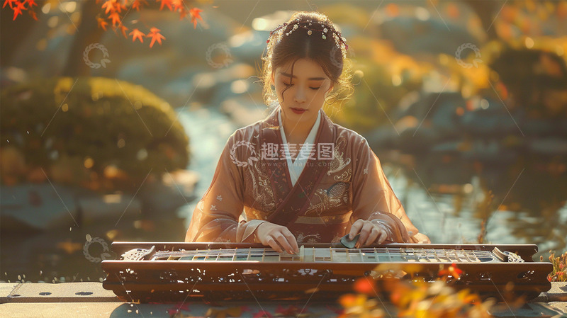 高清大图下载【趣麦麦图】中国风古风中式美女弹琴场景