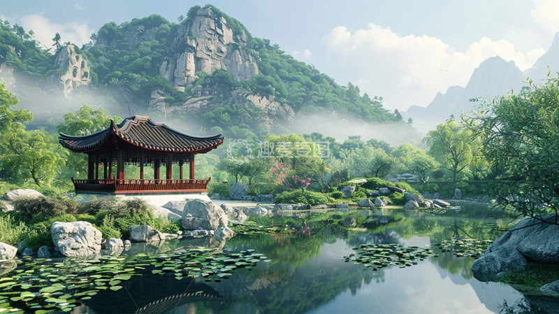 高清大图下载【趣麦麦图】山水自然中式建筑凉亭湖水场景