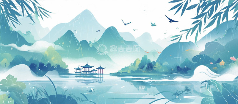 高清大图下载【趣麦麦图】蓝色古风山水