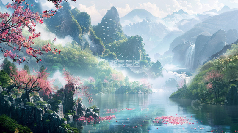 高清大图下载【趣麦麦图】春天山水植物瀑布唯美场景