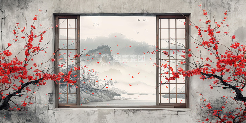 高清大图下载【趣麦麦图】古风建筑窗户梅花