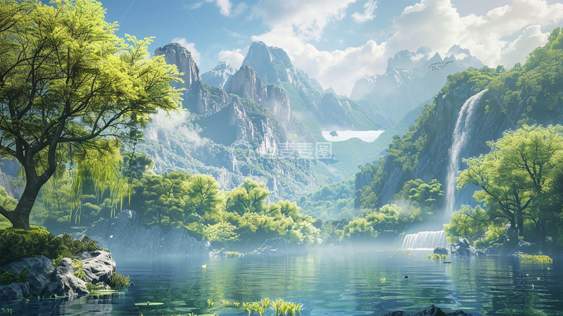 高清大图下载【趣麦麦图】春天山水瀑布植物唯美场景插画