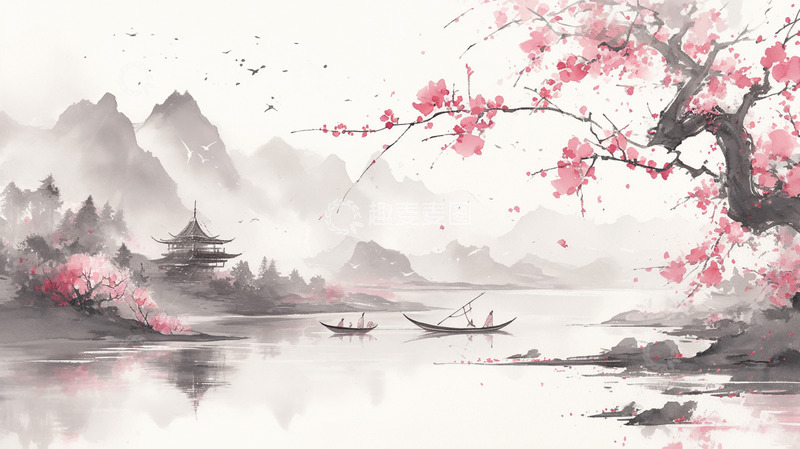 高清大图下载【趣麦麦图】古风水墨山水桃花