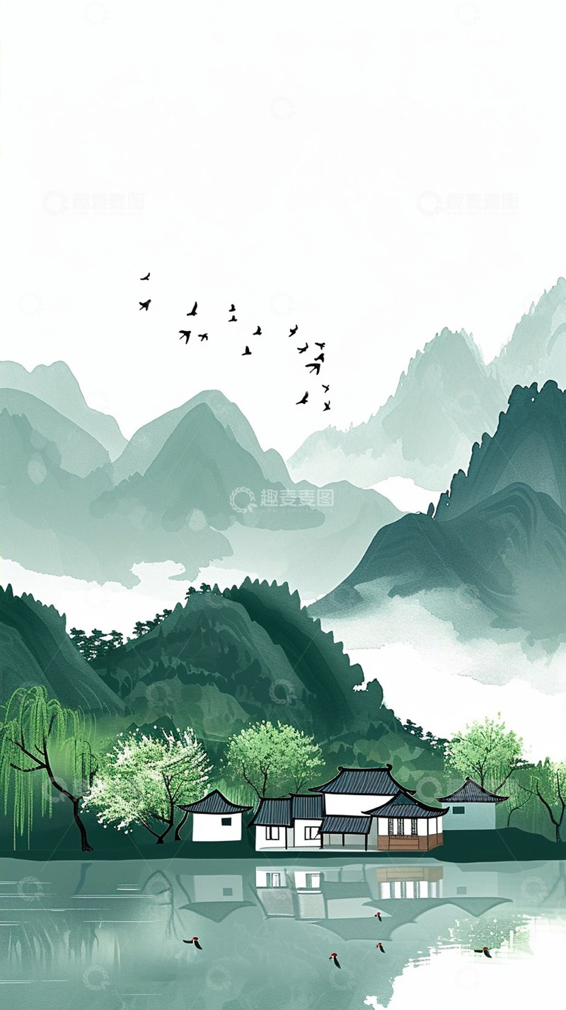 高清大图下载【趣麦麦图】山水燕子南归水墨画
