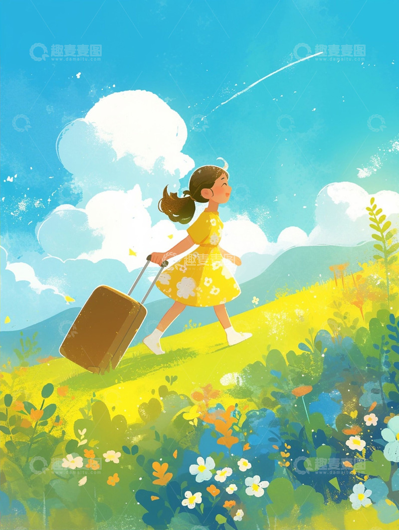 高清大图下载【趣麦麦图】唯美春日草地上小女孩拉着行李箱