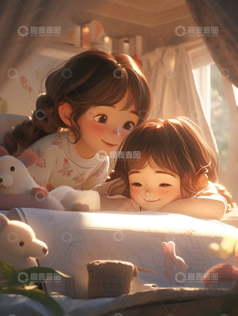 高清大图下载【趣麦麦图】两个小女孩趴在床上玩耍