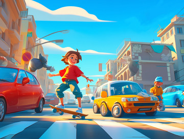 街头玩滑板的少年