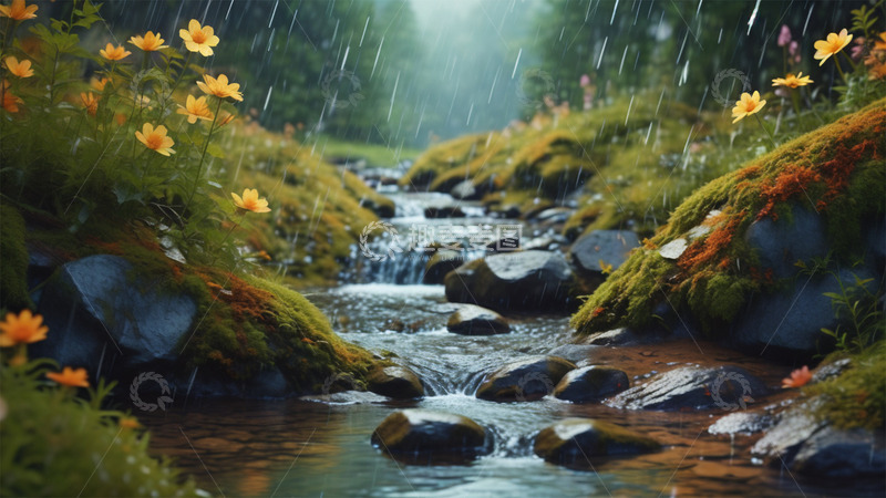 高清大图下载【趣麦麦图】下雨春天小溪绿色植物场景