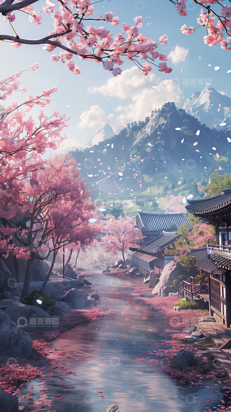 高清大图下载【趣麦麦图】古风小镇樱花盛开背景