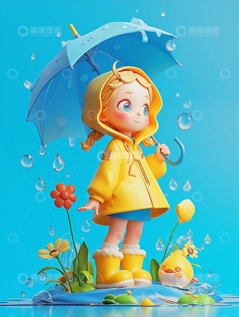 高清大图下载【趣麦麦图】穿雨衣打伞的小女孩