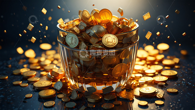 高清大图下载【趣麦麦图】杯子透明玻璃金币金色场景
