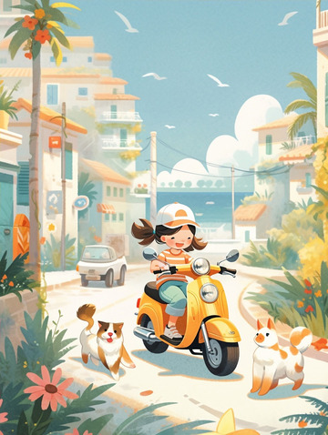 小镇骑电车的小朋友