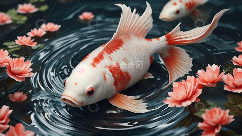 高清大图下载【趣麦麦图】中国风3d立体写实锦鲤鲜花唯美场景