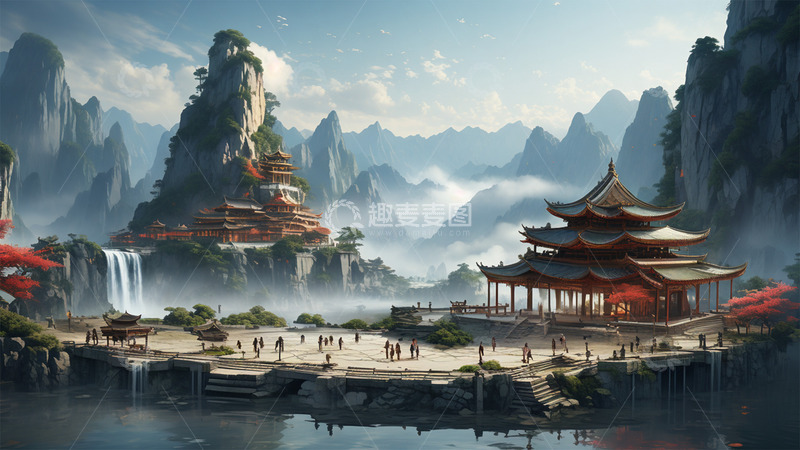 高清大图下载【趣麦麦图】中式建筑山水瀑布场景风景