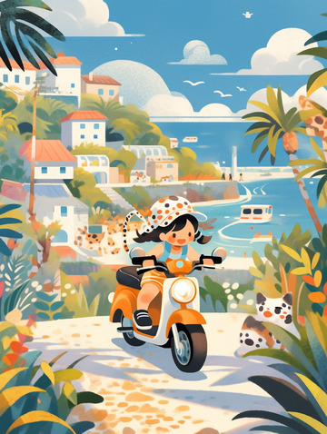 海边城市骑车小女孩