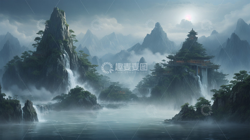 高清大图下载【趣麦麦图】瀑布绿色山水植物中式建筑风景场景