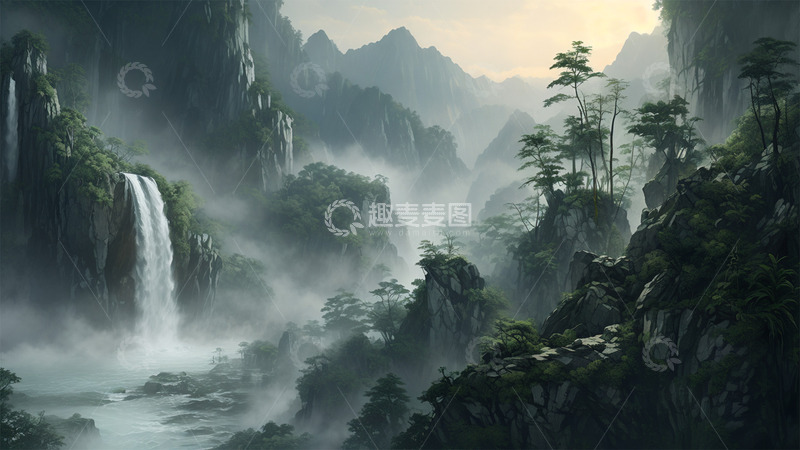 高清大图下载【趣麦麦图】绿色瀑布山水植物风景场景