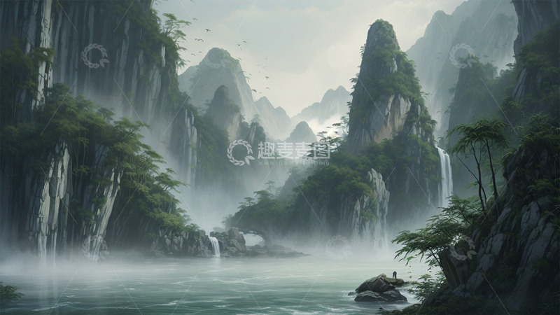 高清大图下载【趣麦麦图】瀑布绿色山水植物风景场景