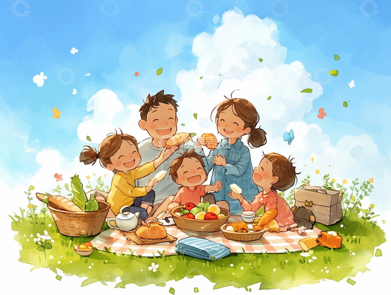 户外郊游野餐的一家人