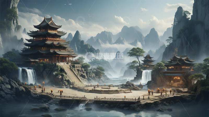 高清大图下载【趣麦麦图】中式建筑瀑布山水场景风景