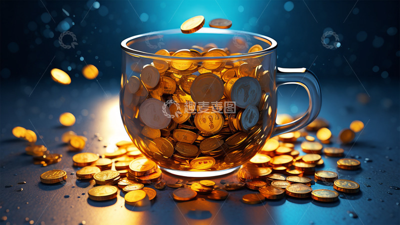 高清大图下载【趣麦麦图】杯子玻璃透明金币金色场景
