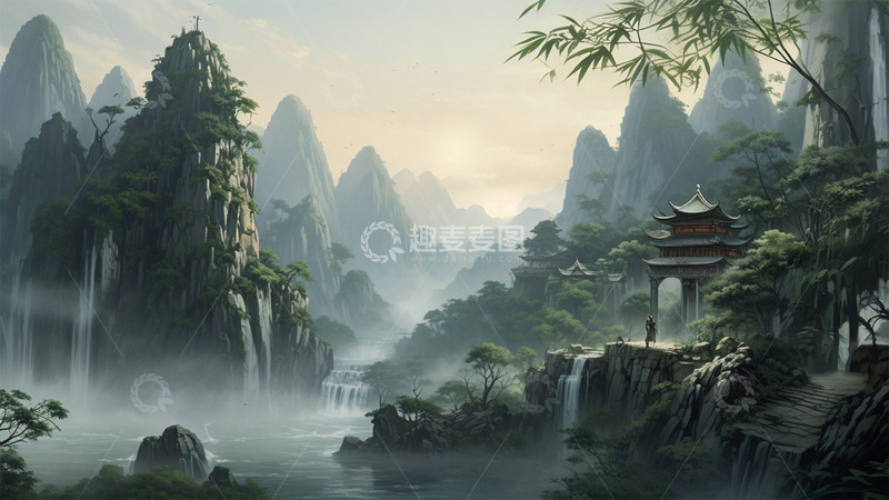 高清大图下载【趣麦麦图】中式建筑瀑布绿色山水植物风景场景